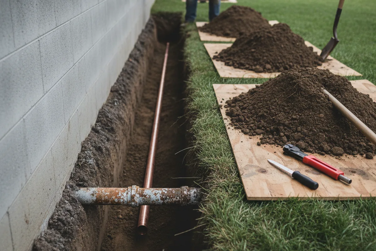 Excavated water line trench during Water Softener Installation in Oceano